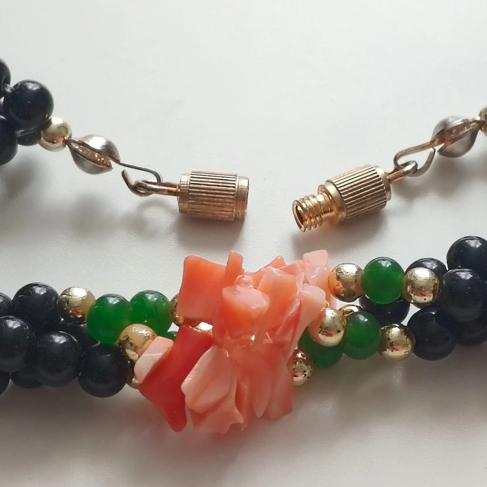 Vintage Black Beaded Necklace Pink Coral Green Jade Gold Tone Barrel Clasp 22